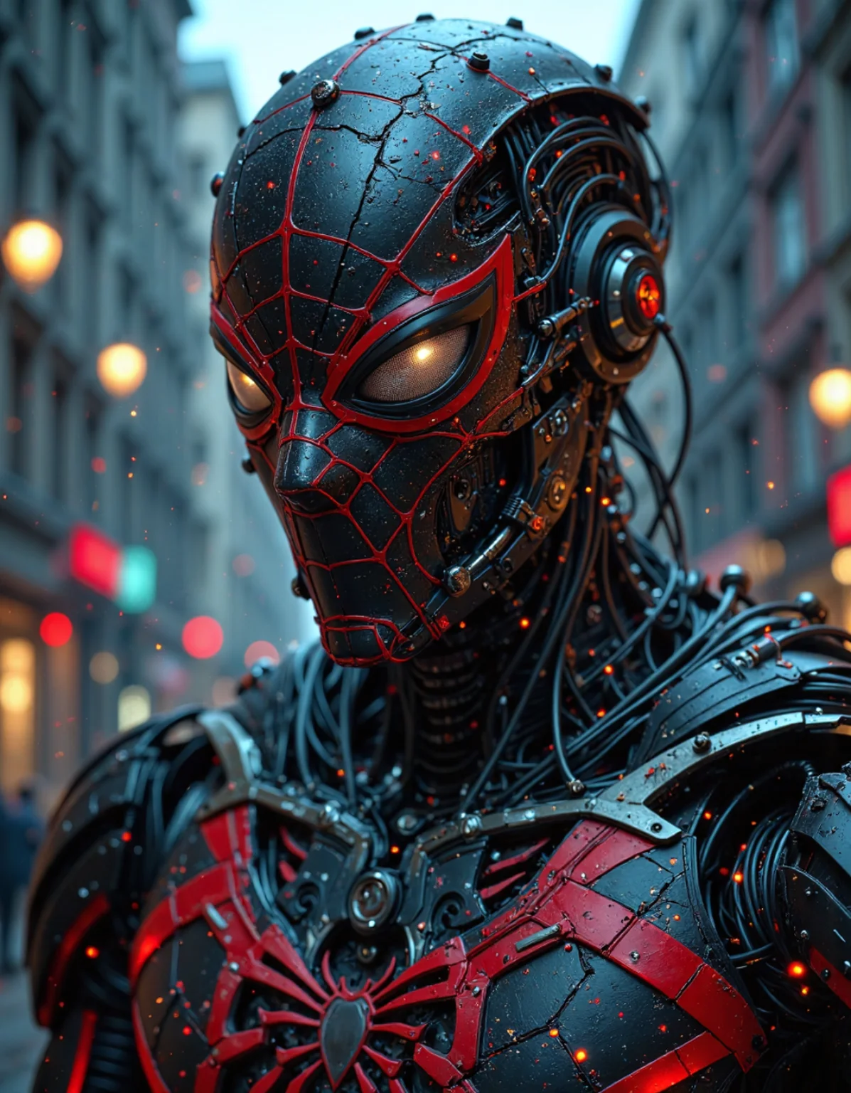 cybernetic robot (dark mood masterpiece Photography:1.2), a portrait of Spiderman, modern, fuzzy lighting, dark mood, (rule of thirds composition), mysteriouse, emotional, highly detailed, melancholic, refraction, low-light hyper detailed photography, partially damaged armour, top-down view,front view,style by ryohei hase,light and shadow plays,silhouette lighting . android, AI, machine, metal, wires, tech, futuristic, highly detailed