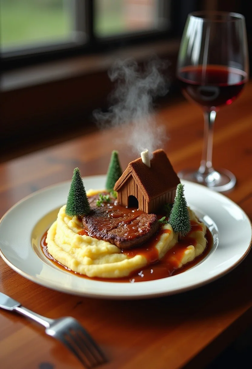 a plate of food on a polished wooden table, the plate of food is a scene, mountains, gravy lake, a tiny house made of steak with smoke coming from the chimney, fork and knife on the table, wine glass next to the plate, the mashed potatoes are egges potaitos
