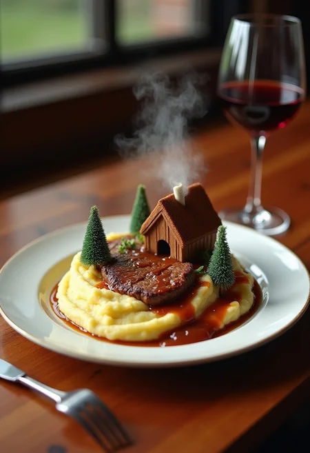 a plate of food on a polished wooden table, the plate of food is a scene, mountains, gravy lake, a tiny house made of steak with smoke coming from the chimney, fork and knife on the table, wine glass next to the plate, the mashed potatoes are egges potaitos