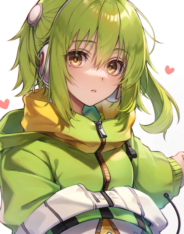 Gumi, solo, ((focus on face)), looking at viewer, white background <lora:Gumi_V1-01:0.6>, earphones,