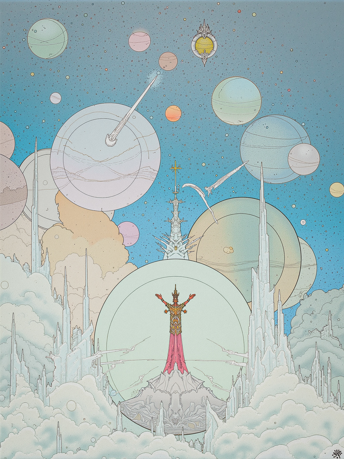 "Design a dreamlike scene with floating orbs and clouds in the sky, featuring a detailed figure surrounded by an ethereal atmosphere." <lora:lora_flux_24gb:1.6>