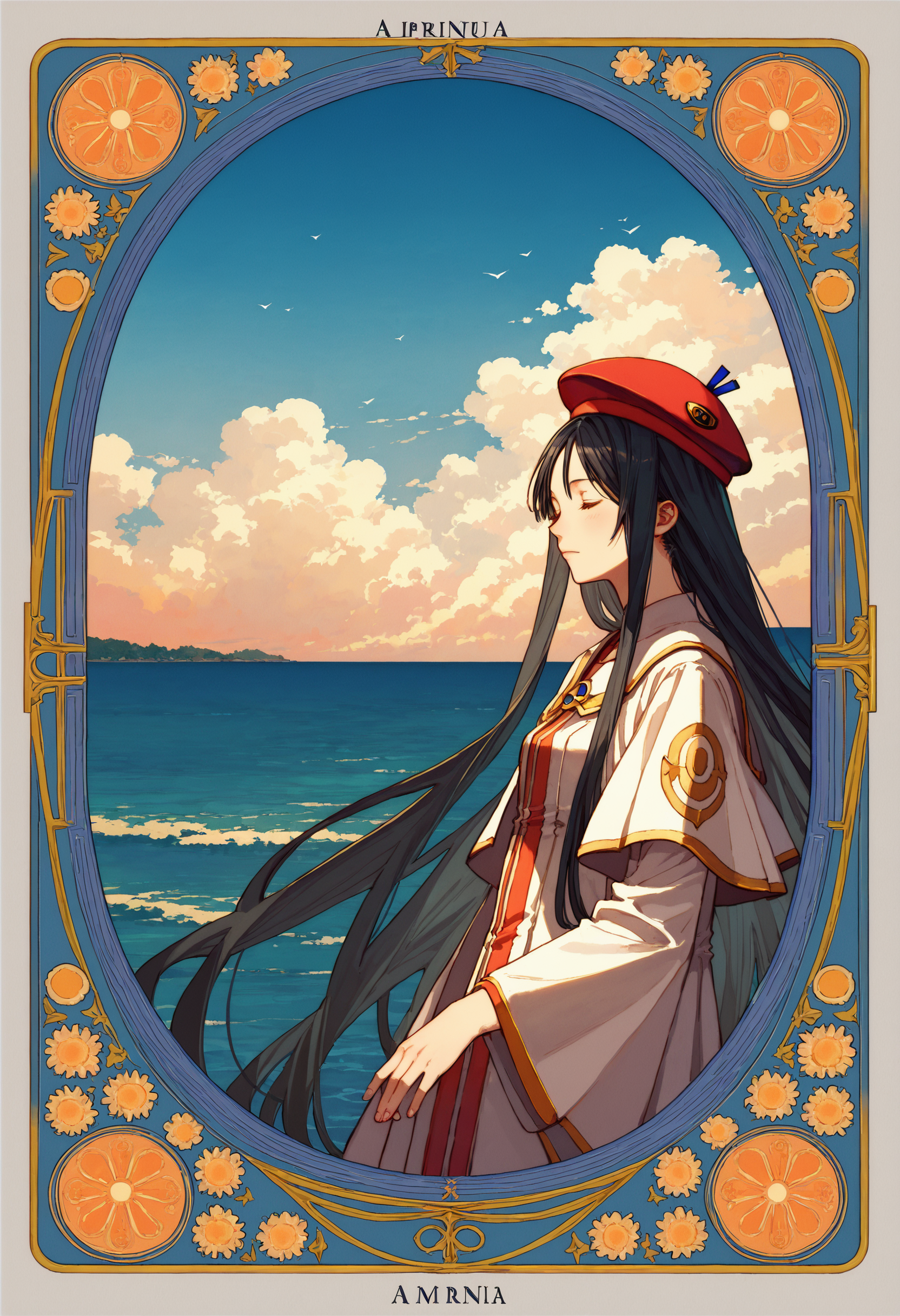 score_9, score_8_up, score_7_up, masterpiece, best quality, very aesthetic, absurdres,
<lora:Amano_Kozue_å¤©éããã_Style_Pony-000010:0.8> (amano_kozue:1.2), aria \(manga\), art nouveau, 
1girl, solo, black hair, long hair, closed eyes, from front,
blue sky, ocean, port  town,