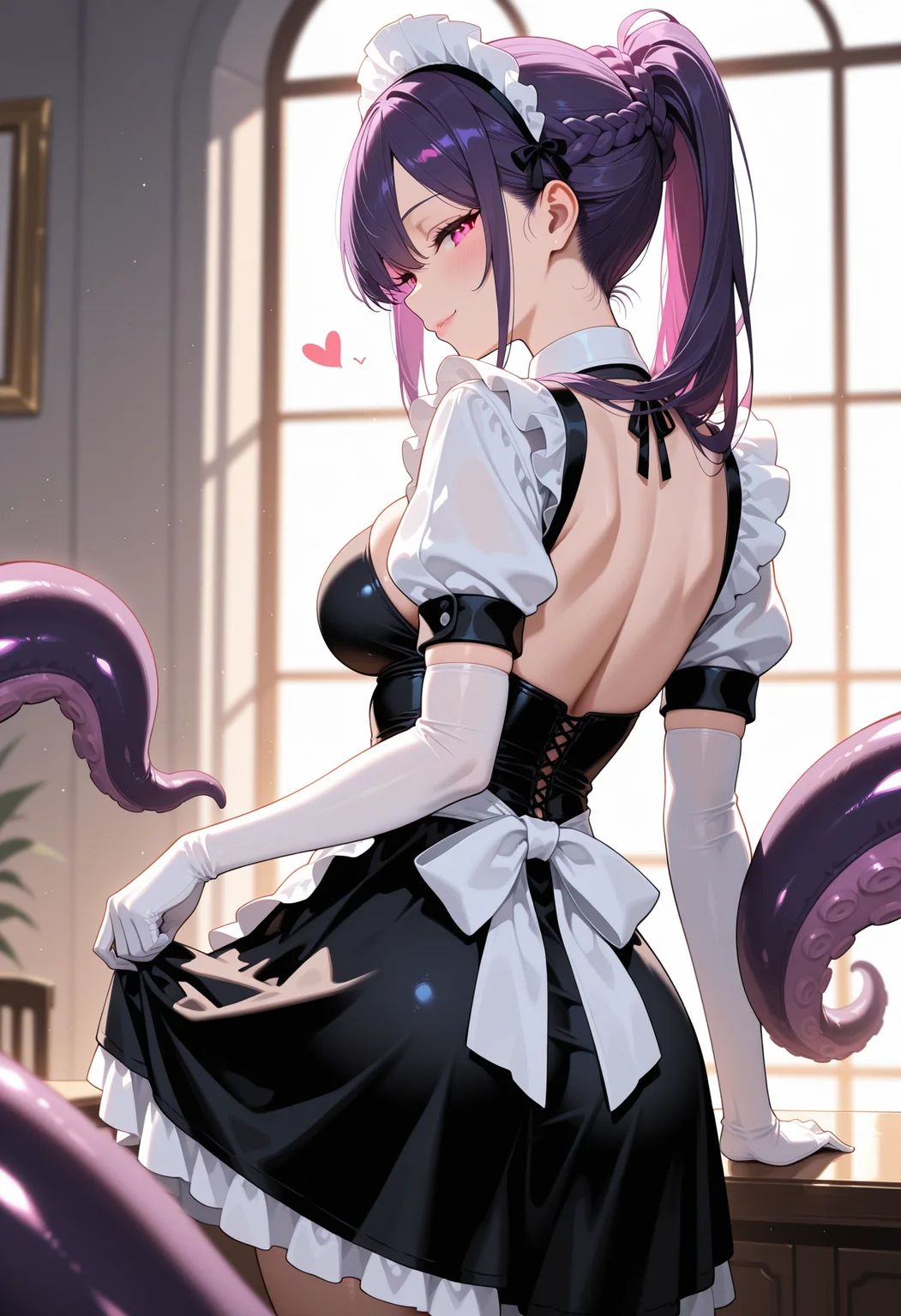 (masterpiece:1.2), best quality, absurdres, ultra-detailed, 8K, depth of field, cinematic lighting, raytracing, volumetric lighting, ambient occlusion, (flirting:1.6), swaying body, looking at viewer,
1girl, solo, glowing amber eyes, purple hair, crown braid, long ponytail, white gloves, maid headdress, tight black maid dress, white trim, white sleeves, tentacle tail, purple to pink tentacle, back to the audience