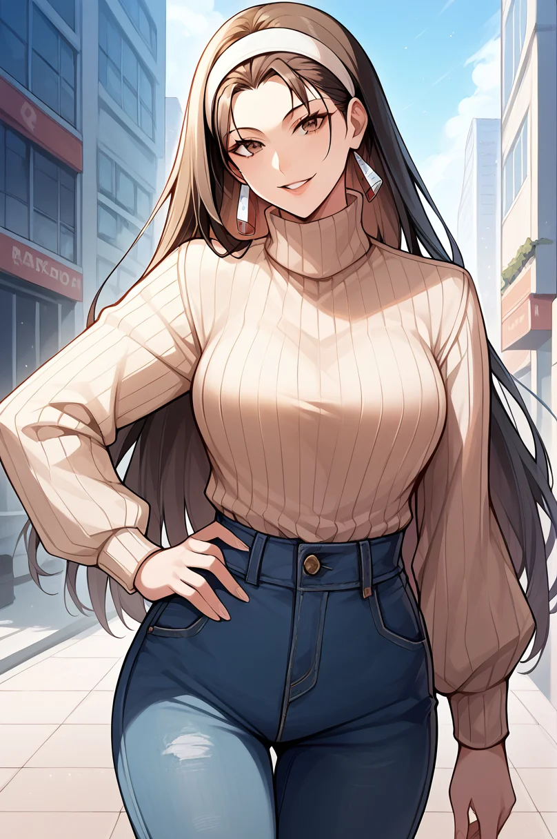 score_9, score_8_up, score_7_up, score_6_up, source_anime, BREAK masterpiece, <lora:ChizuruKOF:0.9>, ChizuruKOF, hair slicked back, long hair, white hairband, parted lips, looking at viewer, beige turtleneck, breasts, striped sweater, jeans, cityscape, street, smile, parted lips, looking at viewer, hand on own hip,