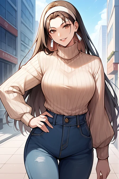 score_9, score_8_up, score_7_up, score_6_up, source_anime, BREAK masterpiece, <lora:ChizuruKOF:0.9>, ChizuruKOF, hair slicked back, long hair, white hairband, parted lips, looking at viewer, beige turtleneck, breasts, striped sweater, jeans, cityscape, street, smile, parted lips, looking at viewer, hand on own hip,