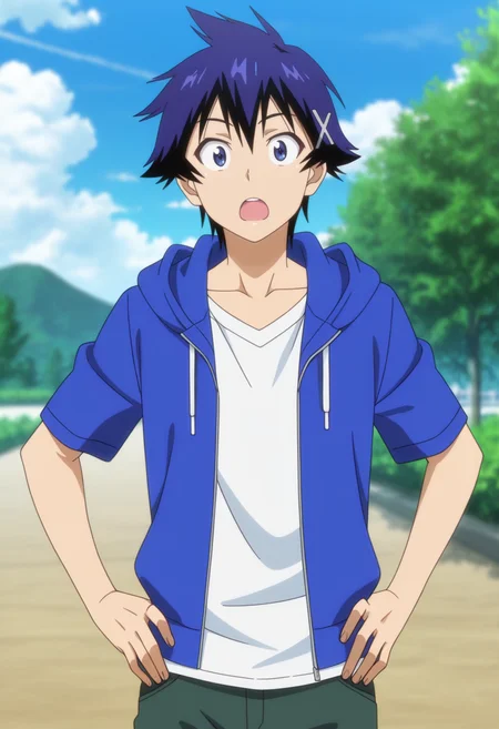masterpiece, best quality, amazing quality, intricate details, official style, depth of field, anime screencap , , , 1boy, solo, male focus,  <lora:Raku_Ichijou:0.70>, raku ichijou, blue hair, blue eyes, short hair, hairclip, looking at viewer, open mouth,t-shirt, collarbone,casual jacket, outdoors, open clothes, sky, day, pants, cloud, open jacket, blue sky, hands on hips, hood