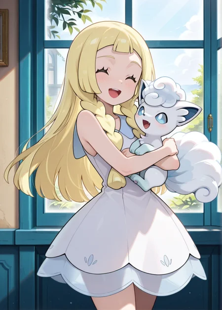 masterpiece, best quality, amazing quality, very aesthetic, absurdres, newest, detailed background, cowboy shot, outdoors, looking at viewer, official style,
lilliexd, 1girl, blonde hair, dress, closed eyes, long hair, open mouth, pokemon (creature), white dress, braid, smile, twin braids, sleeveless, sleeveless dress, :d, indoors, window, ^ ^, hands up, alolan vulpix,
<lora:Lillie_-_Pokemon_Illustrious:1>