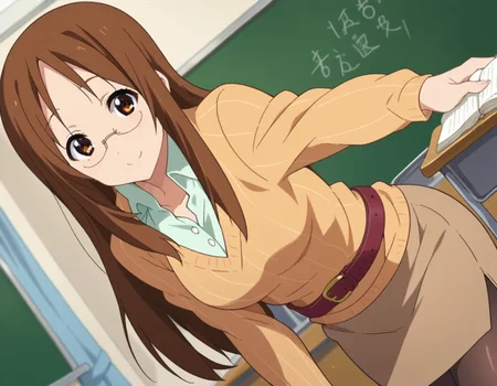score_9, score_8_up, score_7_up, source_anime,
sawakoyamanaka, <lora:sawako-yyamanaka-s2-ponyxl-lora-nochekaiser:1>,
sawako yamanaka, brown eyes, brown hair, glasses, long hair,
belt, official style, pantyhose, teacher, dress, light brown dress, skirt, pencil skirt,
indoors, classroom, smile, bent over,
looking at viewer, dutch angle, cowboy shot,