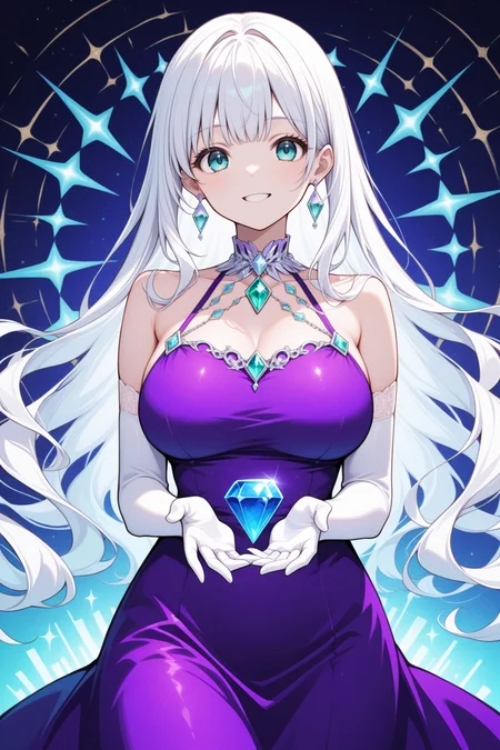 masterpiece, best quality, cowboy shot, looking at viewer, smile, teeth, 1girl, large breasts, long hair, white hair, bangs, aqua eyes, jewelry, purple dress, white elbow gloves, holding gem, diamond \(gemstone\), abstract background, starry background, abstract