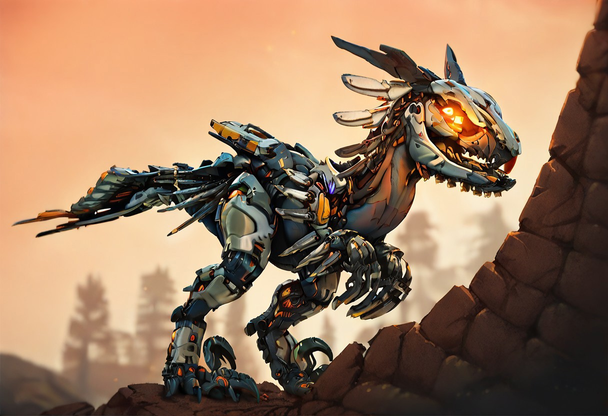 score_9_up, score_8_up, score_7_up, solo focus, full body, dynamic angle, 
clawstrider, robot dinosaur, glowing eyes, claws, spikes on head, spikes on tail, leg raptor, ruined city, sunrise