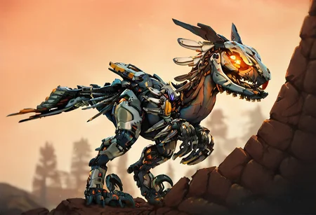 score_9_up, score_8_up, score_7_up, solo focus, full body, dynamic angle,
clawstrider, robot dinosaur, glowing eyes, claws, spikes on head, spikes on tail, leg raptor, ruined city, sunrise