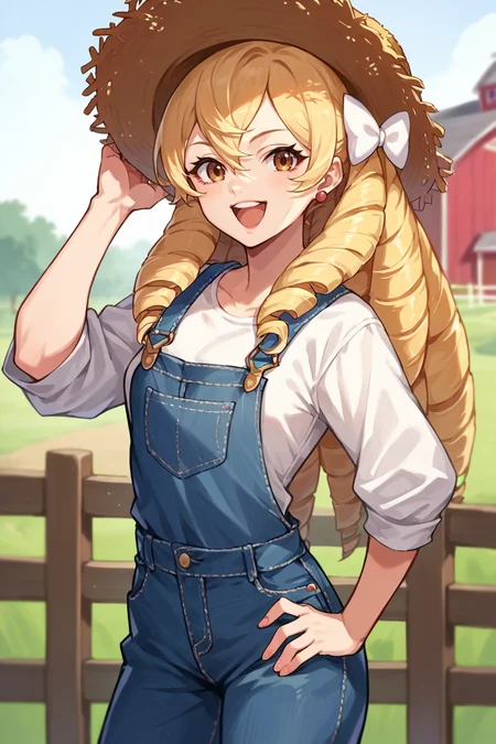 score_9, score_8_up, score_7_up, score_6_up, source_anime, 1girl, solo,  <lora:femaribelle-pdxl-nvwls-v1-000005:1> maribelle, blonde hair, long hair, drill hair, hair bow, earrings, straw hat, denim overalls, white shirt, hand on hip, farm, happy, looking at you