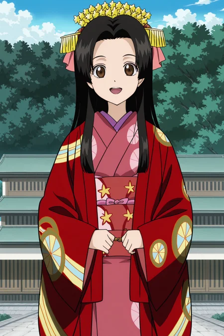 anime coloring, anime screencap, masterpiece, best quality, amazing quality, detailed face,
<lora:Soyo_Tokugawa_Gintama:1>
outside, day, Japanese palace in the background,
Soyo Tokugawa, 1girl, japanese clothes, solo, brown eyes, pink kimono, red kimono, long hair, black hair, hair ornament, looking at viewer, open mouth, hime cut, smile, happy girl, cowboy shot