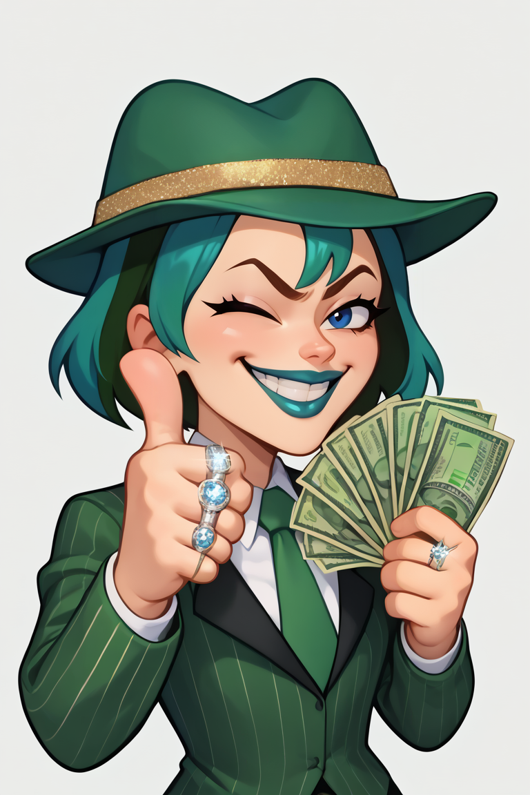 score_9, score_8_up, score_7_up, BREAK,  <lora:gangstersb-guy-PONYv1:1>, gangstersb, thumbs up, one eye closed, grin, smile, money, holding money, portrait, cropped torso, ring, formal, hat, green headwear, necktie, suit, striped, solo, looking at viewer,  <lora:gwentd-guy-ponyv1:0.85> gwentd, two-tone hair, lipstick, 1girl,