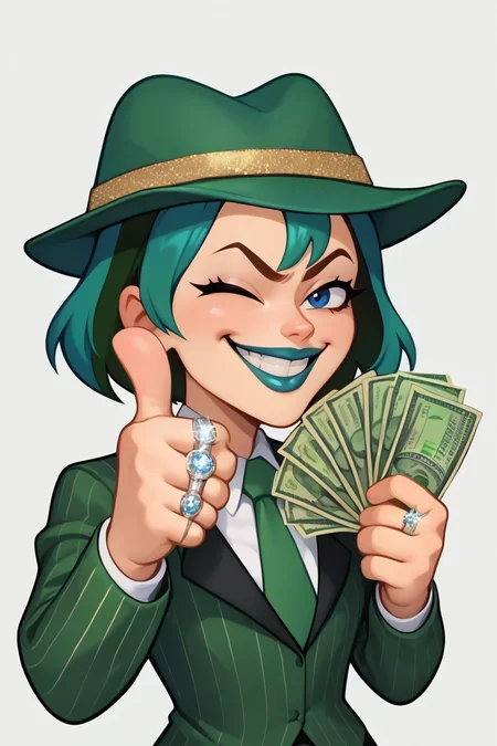 score_9, score_8_up, score_7_up, BREAK,  <lora:gangstersb-guy-PONYv1:1>, gangstersb, thumbs up, one eye closed, grin, smile, money, holding money, portrait, cropped torso, ring, formal, hat, green headwear, necktie, suit, striped, solo, looking at viewer,  <lora:gwentd-guy-ponyv1:0.85> gwentd, two-tone hair, lipstick, 1girl,