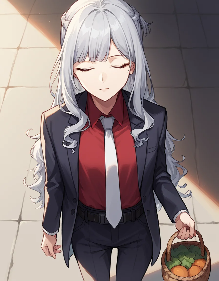 score_9, score_8_up, score_7_up, source_anime, <lora:girlsfrontline-ak-12-ponyxl-lora-nochekaiser:1>, ak-12, ak-12 (girl's frontline), closed eyes, grey hair, long hair, bangs, pale skin, straight hair, curly hair, braid, french braid, sidelocks,, belt, black jacket, black pants, business suit, formal, jacket, long sleeves, necktie, pants, red shirt, shirt, suit, white necktie,, farmers market, fresh produce, local vendors, baskets, sunny day, community, , from above,, looking at viewer, solo,, dutch angle, cowboy shot