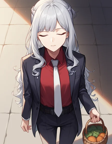 score_9, score_8_up, score_7_up, source_anime, <lora:girlsfrontline-ak-12-ponyxl-lora-nochekaiser:1>, ak-12, ak-12 (girl's frontline), closed eyes, grey hair, long hair, bangs, pale skin, straight hair, curly hair, braid, french braid, sidelocks,, belt, black jacket, black pants, business suit, formal, jacket, long sleeves, necktie, pants, red shirt, shirt, suit, white necktie,, farmers market, fresh produce, local vendors, baskets, sunny day, community, , from above,, looking at viewer, solo,, dutch angle, cowboy shot