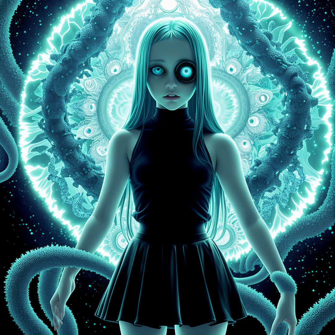 in front of an creepy aqua frosted mirrorpanel  seeing through it there is a shadowy young girl  with mini skirt deformed and a bright light behind it, tentacles, floating eyes , (intricate eyeball pattern background:1) , , bad quality , low res, , in the style of takato yamamoto, unfinished, ugly, <lora:takma2:1.2>