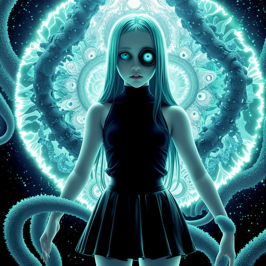 in front of an creepy aqua frosted mirrorpanel seeing through it there is a shadowy young girl with mini skirt deformed and a bright light behind it, tentacles, floating eyes , (intricate eyeball pattern background:1) , , bad quality , low res, , in the style of takato yamamoto, unfinished, ugly, <lora:takma2:1.2>