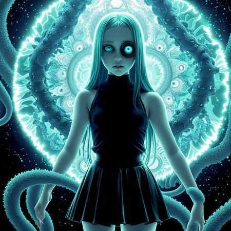 in front of an creepy aqua frosted mirrorpanel seeing through it there is a shadowy young girl with mini skirt deformed and a bright light behind it, tentacles, floating eyes , (intricate eyeball pattern background:1) , , bad quality , low res, , in the style of takato yamamoto, unfinished, ugly, <lora:takma2:1.2>