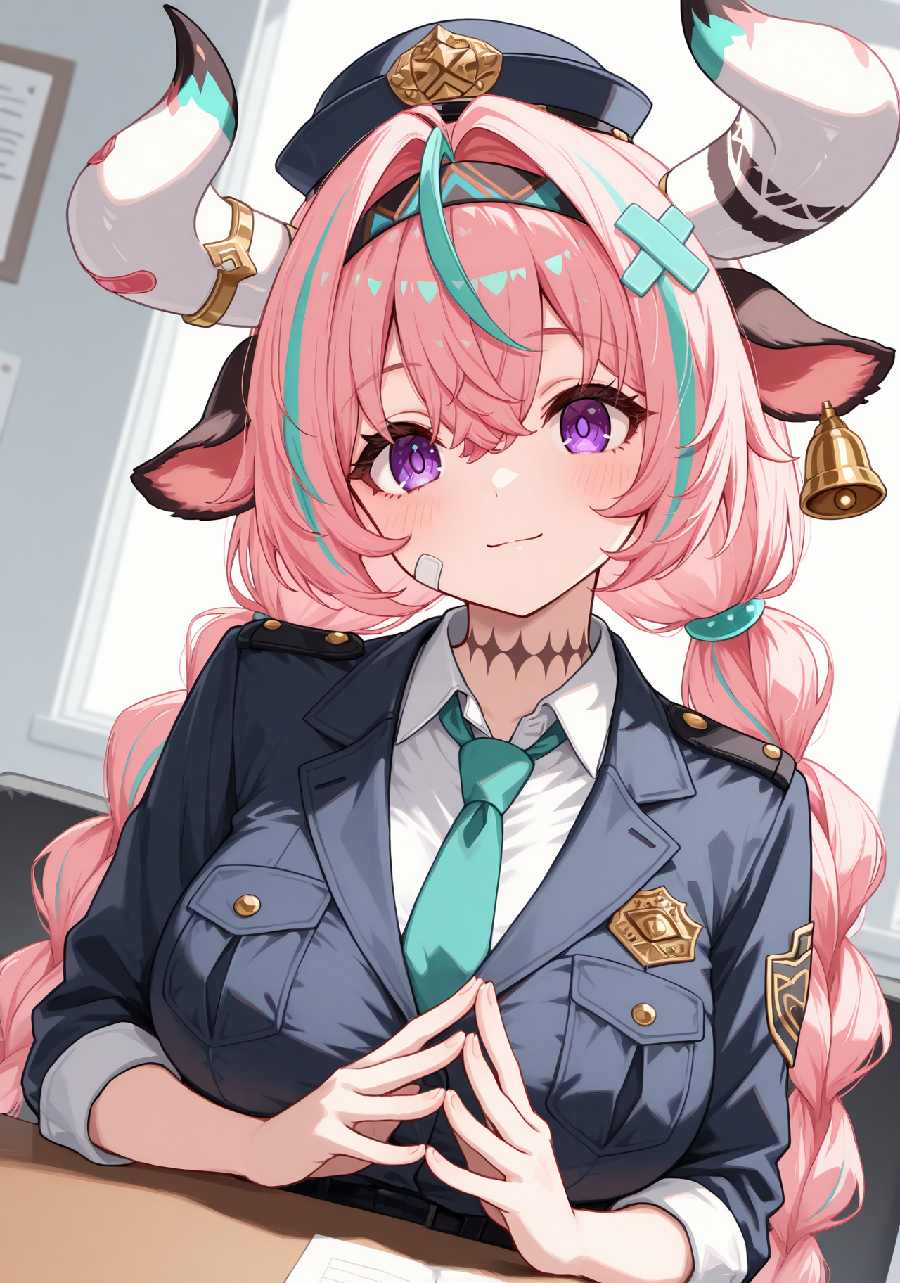 masterpiece, best quality, 1girl, solo, v4r3s4, large breasts, cow girl, cow horns, mismatched horns, multicolored horns, bandaid on horn, cow ears, two-tone hair, pink hair, aqua hair, streaked hair, hair intakes, hair between eyes, crossed bangs, twintails, twin braids, x hair ornament, long hair, horn ornament, ear bell, neck tattoo, bandaid on cheek, policewoman, police uniform, collared shirt, white shirt, police hat, peaked cap, indoors, office, upper body, elbows on table, elbow rest, head tilt, purple eyes, necktie, pov across table, dutch angle, looking at viewer, steepled fingers, own hands together, hands up, light smile, closed mouth