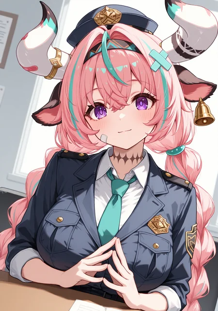 masterpiece, best quality, 1girl, solo, v4r3s4, large breasts, cow girl, cow horns, mismatched horns, multicolored horns, bandaid on horn, cow ears, two-tone hair, pink hair, aqua hair, streaked hair, hair intakes, hair between eyes, crossed bangs, twintails, twin braids, x hair ornament, long hair, horn ornament, ear bell, neck tattoo, bandaid on cheek, policewoman, police uniform, collared shirt, white shirt, police hat, peaked cap, indoors, office, upper body, elbows on table, elbow rest, head tilt, purple eyes, necktie, pov across table, dutch angle, looking at viewer, steepled fingers, own hands together, hands up, light smile, closed mouth