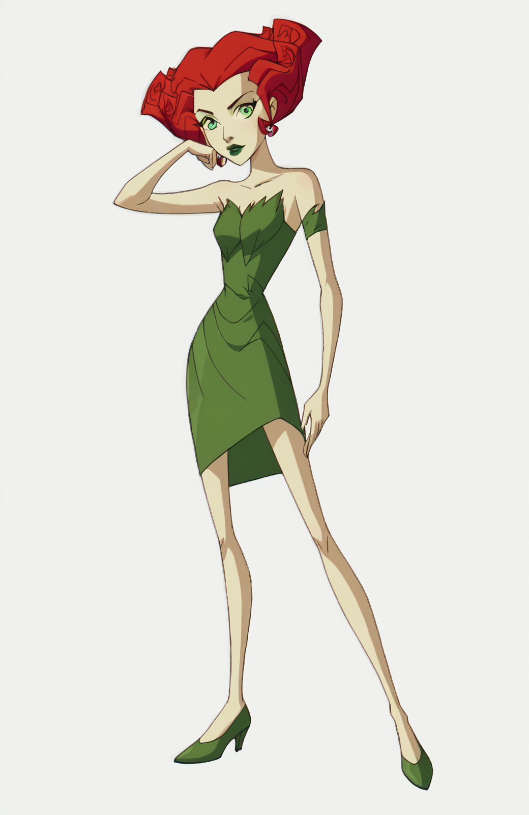 ((score_9)), score_8_up, ((high quality)), ((masterpiece)) BREAK
   poisonivy04, strapless dress, red updo, pale green skin, bare shoulders, green eyes, lipstick, full body<lora:pony_good_hands:0.8>,<lora:The_Batman_2004_Poison_Ivy:0.8>