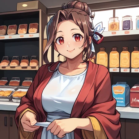 score_9, score_8_up, score_7_up, score_6_up, BREAK, <lora:Mistel:0.75> , misdef, 1girl, long hair, brown hair, red eyes, hair bun, hair ribbon, ribbon, red shawl, yellow dress, white apron, (portrait, close-up), looking at viewer, smile, happy, mommy, motherly, closed mouth, serene, large breasts, (mature woman), <lora:zy_Detailed_Backgrounds_v1:0.3> , detailed background, highly detailed, indoor, shop, clutter, <lora:backgroundsetXL:0.4> , background, <lora:Slammo_Artstyle:0.6> , source_cartoon, (hands down),