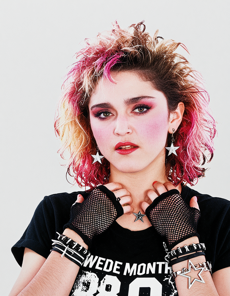 Madonna a woman with wavy mess fluffy updo hair with pink tips, blush, dark eyebrown, dark eyeliner and mascara and red lipstick, long star earrings, 80's bracelet,  wearing a black t-shirt and gloves, punk bracelet, against a white background.