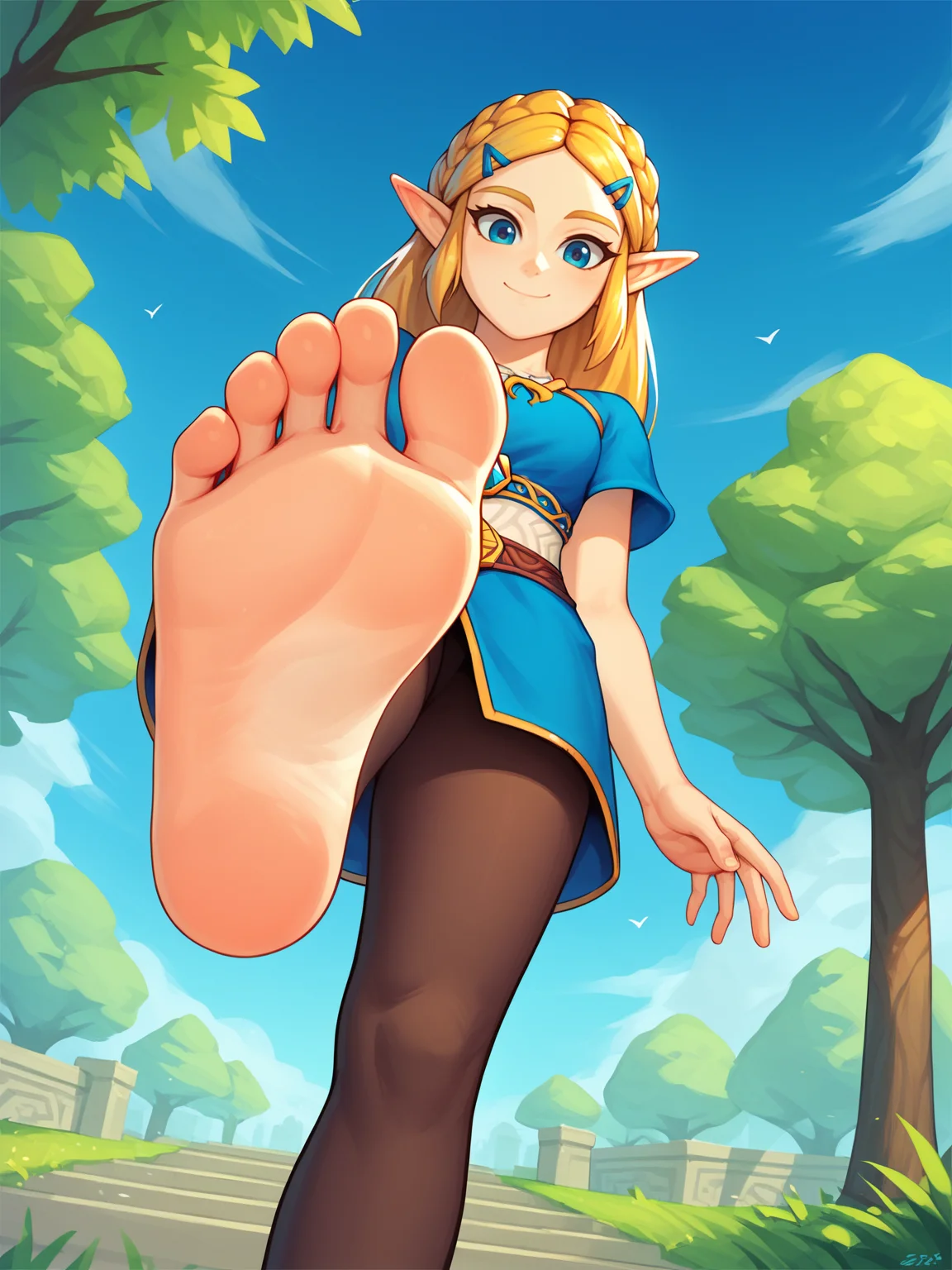 score_9, score_8_up,
1girl, princess zelda, nintendo, the legend of zelda, botw, brown leggings,
smile, barefoot, footstomp, soles, toes, foreshortening, view from below,
solo, outdoors, blue sky, park background <lora:StompXL:1>