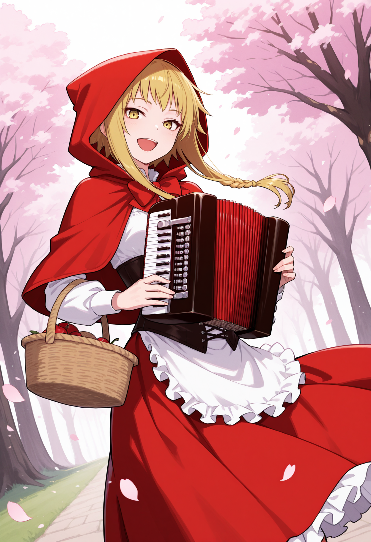 masterpiece, best quality, 1girl, solo, m3dusa, blonde hair, short hair with long locks, sidelocks, braid, little red riding hood, red hood, hood, hood up, red skirt, frills, petals, outdoors, wind, accordion, holding instrument, playing instrument, yellow eyes, corset, apron, (basket:1.1), cherry blossoms, tree, dutch angle, looking at viewer, smile, open mouth
