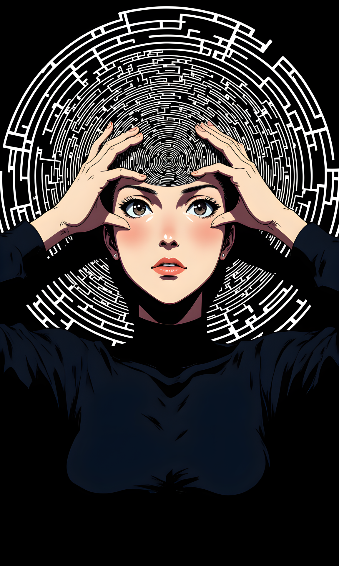 A woman with her hands placed on either side of her head, framing her face. Her expression is serious and contemplative, suggesting a sense of introspection or deep thought. The most striking feature is the intricate labyrinthine pattern that emerges from her forehead, spreading outwards in concentric circles.
The woman's facial expression is neutral yet intense. Her eyes are wide open, and her gaze is direct, engaging the viewer. There is a hint of seriousness or perhaps even concern in her eyes, which adds to the overall mood of the image.
The woman is standing upright, with her arms raised and her hands positioned on either side of her head. This pose creates a sense of symmetry and balance, drawing attention to her face and the labyrinthine pattern. Her body language suggests a moment of pause or reflection.
The woman is wearing a dark top, which contrasts sharply with the lighter tones of her skin and the intricate pattern behind her. The simplicity of her clothing ensures that the focus remains on her face and the symbolic elements of the image.
The camera is positioned at eye level, capturing the subject from a frontal perspective. This angle allows for a clear view of her face and the detailed pattern behind her. The framing is tight, focusing closely on her upper body and face, which enhances the impact of the image.
The lighting in the image is soft and even, creating a gentle contrast between light and shadow. The light highlights the contours of her face and the intricate details of the labyrinthine pattern. The shadows add depth and dimension, enhancing the three-dimensional effect of the image.
The background consists of a complex, swirling pattern that resembles a labyrinth or maze. The lines are white against a dark background, creating a stark contrast. The pattern appears to emanate from the woman's forehead, giving the impression that it is a manifestation of her thoughts or inner world. The intricate design adds a layer of symbolism and mystery to the image.
The composition is centered around the woman's face and the labyrinthine pattern. The symmetry of her pose and the concentric circles of the pattern create a sense of balance and harmony. The use of negative space around the edges of the image draws the viewer's attention to the central elements, making the image visually compelling and thought-provoking.
BREAK j_art, anime, anime art, <lora:FLUX\RetroAnimeS1.1:0.1>, <lora:FLUX\GLSHS:0.1>, <lora:FLUX\Dieselpunk Delight - s0_9 g4:0.1>, <lora:FLUX\Anime Art V3:0.1>, <lora:FLUX\jul\J_Anime:1.0>