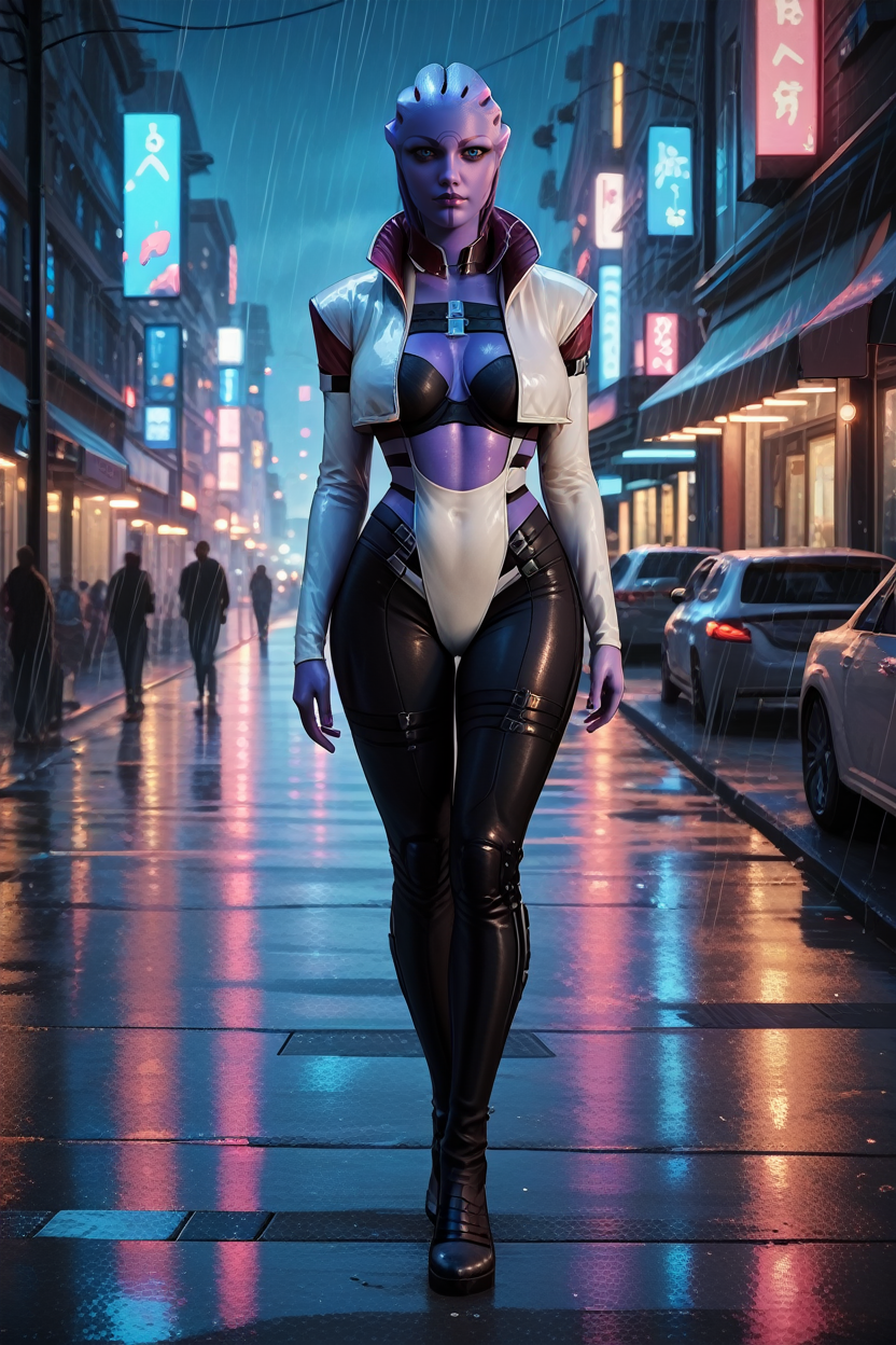 score_9, score_8_up, score_7_up,
<lora:MEAria:0.8>
MEAria, 1girl, purple skin, blue eyes, alien, looking at viewer, standing in the rain on a neon-lit city street at night, full body