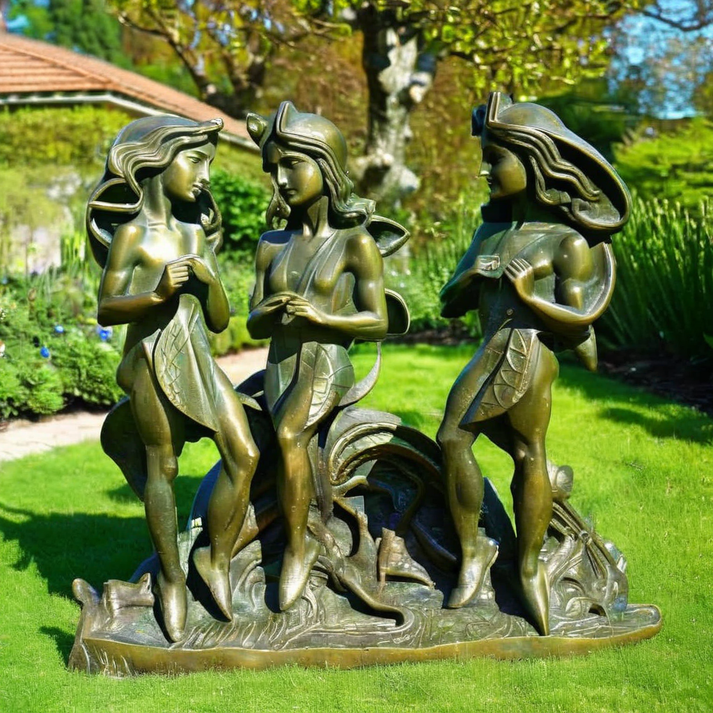 szukalski bronze girl ornaments in garden<lora:szukalski:0.8>