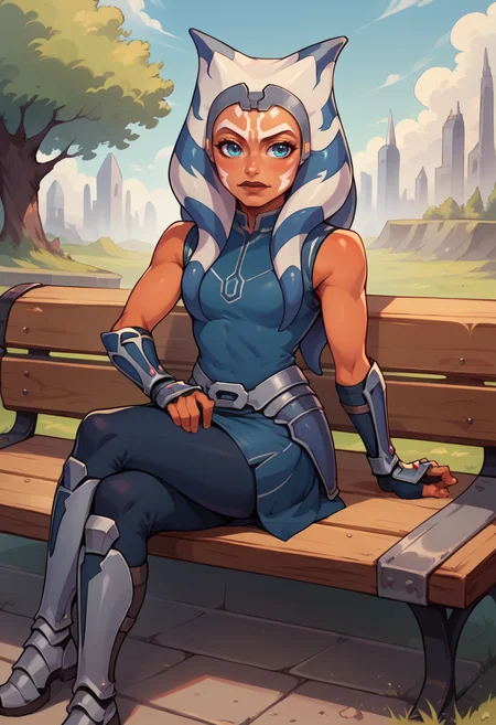 score_9, score_8_up, 1girl, solo, AhsS7, grey headband, Outfit1, blue shirt, sleeveless, vambraces, fingerless gloves, hip armor, blue skirt, blue leggings, knee boots, sitting, on bench, crossed legs, <lora:AhsokaS7PDXL_V1-Manityro-adamw:1.0>