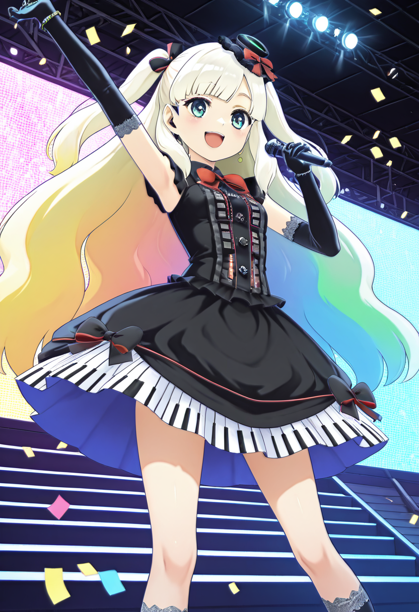 masterpiece, best quality, 1girl, solo,  zzMayu, cyberpunk, neon-lit stage, digital twin, twin-tails of glowing green and pink, translucent gradient dress, chrome bow, holographic hat, pulse gloves, glowing kneehighs, floating mic, pixel stream background, wide smile, victory pose, crowd of fans, confetti rain, blue and violet spotlights  Mayu floats midair on a hard-light platform, one hand raised to the roar of a million screaming fans. Her voice echoes across the digital skyline as pixels spiral from her fingertips. Clad in shimmering tech-fabric and glowing accessories, sheâs not just an idolâsheâs the signal in the noise, the voice of the future. narrow waist,  , <lora:MAYULoveLogic_IXL:1.0>,
