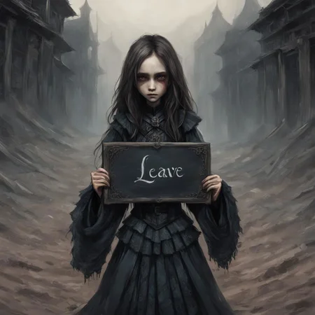 (((Ultra detailed, Megapixel)))
1girl, (((holding out a sign with number "LEAVE"))), by charlie bowater and dan mumford and trevor Brown, hands, terror, gloomy, dark, blank face, no face, wasteland background, no mouth, no eyes, long hair