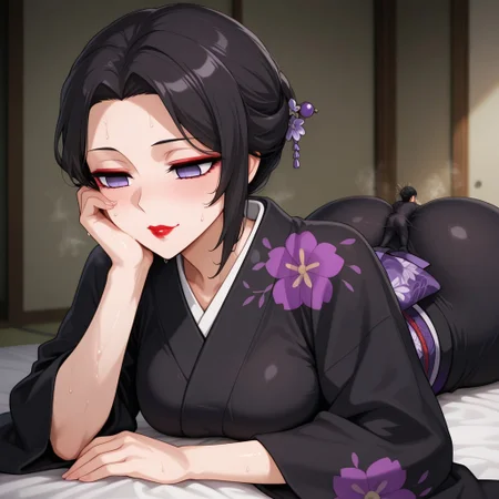 giantess, clothing entrapment, size difference, outline of person in clothing, ass entrapment, person inbetween ass cheeks, person inside clothing inbetween ass cheeks, tight, person inbetween clothing and ass, sweaty, laying, on stomach
black hair, red lips, hair ornament, purple eyes, short hair, makeup, lipstick, empty pupils,
Outfit: japanese clothes, wide sleeves, kimono, floral print, black kimono