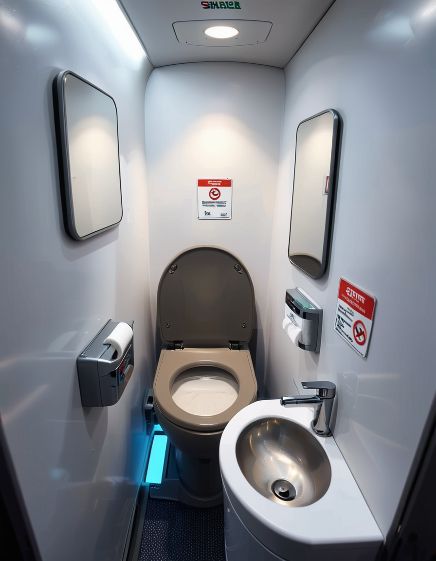 A highly detailed and realistic photograph of an airplane lavatory. The small, compact space features light gray plastic walls with subtle texture, a stainless-steel sink with a motion-sensor faucet, and a mirror reflecting the narrow interior. The toilet is sleek, with a closed lid and a small instruction sticker on top. A soft, dim overhead light illuminates the space, creating a sterile yet functional atmosphere. On the side, a dispenser for paper towels and a built-in trash compartment are visible. The door has a small lock mechanism and an 'Occupied' sign. The floor is dark, non-slip material, and there are small signs with safety instructions in multiple languages. The perspective is slightly wide-angle, capturing the entire space from a slightly tilted angle, emphasizing the compact design. 
<lora:SDXLFaeTastic2400:0.4> <lora:extremely_detailed:0.4> extremely detailed,<lora:airplane_l4v4t0ry:1>,airplane l4v4t0ry, Masterpiece,best quality,hi res,8k,hi res,8k,award winning,(sharp focus, intricate, highly detailed),