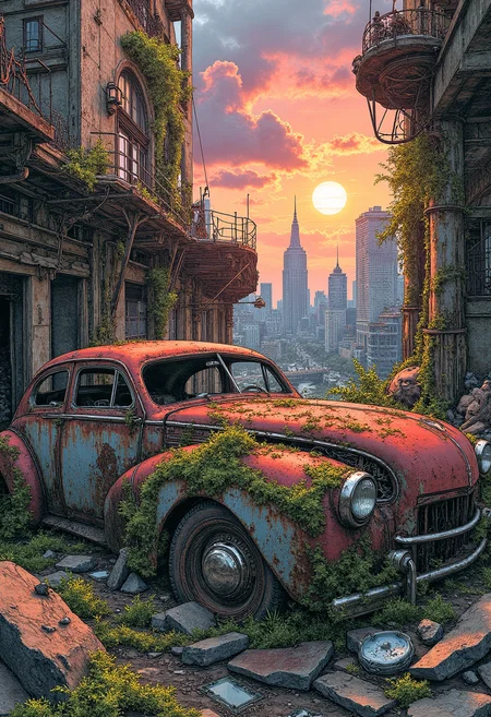 yfg-durer, Detailed digital illustration of a dystopian scene with decaying, rust-covered vehicles overtaken by nature, intricate textures of moss and vines, broken glass, an urban background with skyscrapers, and a dramatic sunset illuminating the derelict with intricate textures and vibrant colors. The scene should include a rich variety of elements, each contributing to the overall atmosphere. Lighting should be soft, diffused, and natural, enhancing the depth and realism of the scene. The mood is to be calm yet vibrant, creating a sense of serenity and wonder. Every detail in the scene should be meticulously rendered, emphasizing the contrast between light and shadow, and capturing the fine textures and subtle gradients. The color palette should be carefully chosen to evoke emotion, with each hue enhancing the aesthetic appeal of the overall composition. The final image should be immersive and captivating, drawing the viewer into its intricately detailed world.