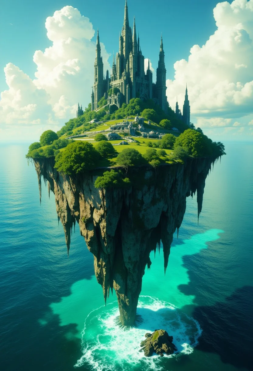 highest details, ultra hyper realism. highly detailed and realistic. intricate and highly professional artwork, an absolute masterpiece.
A highly detailed, dystopian digital painting depicts a fantastical city embedded in rock formations. A lush, green island with towering, arching rock formations and a turquoise sea. The sky is bright blue with fluffy white clouds. The aesthetic quality is very high.