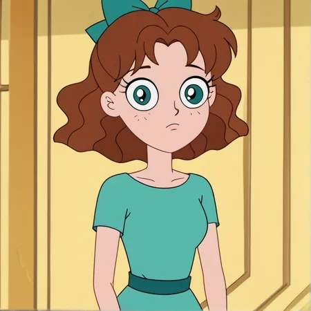 1girl, solo, povenmirestyle2, cute face, alone, brown hair, medium hair, wavy hair, bun, hair bow, teal eyes, medium breasts), toon \(style\), <lora:povenmirestyle2:1>, <lora:Naru_Osaka:0.7>,