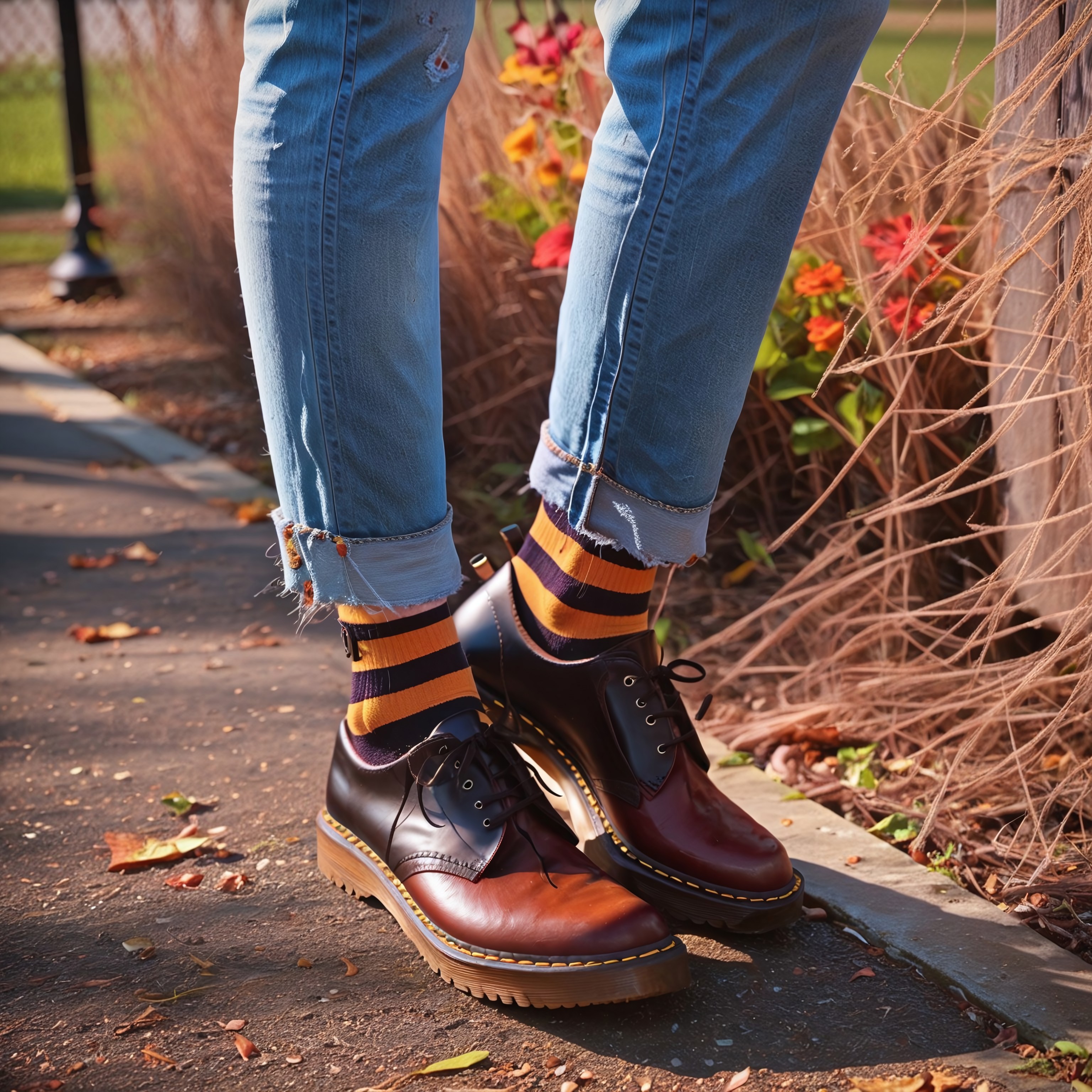 (masterpiece, best quality, highly detailed, realistic, photo), score_9_up, score_8_up, score_7_up, hyper realistic, extremely detailed, detailed face, from front, foot focus, 1girl, standing, denim jeans, black jeans, striped socks, dm shoes, public park, outdoors, depth of field, 8k uhd, absurd res, volumetric lighting, tack sharp focus, beautiful composition, intricate detail, professional photography