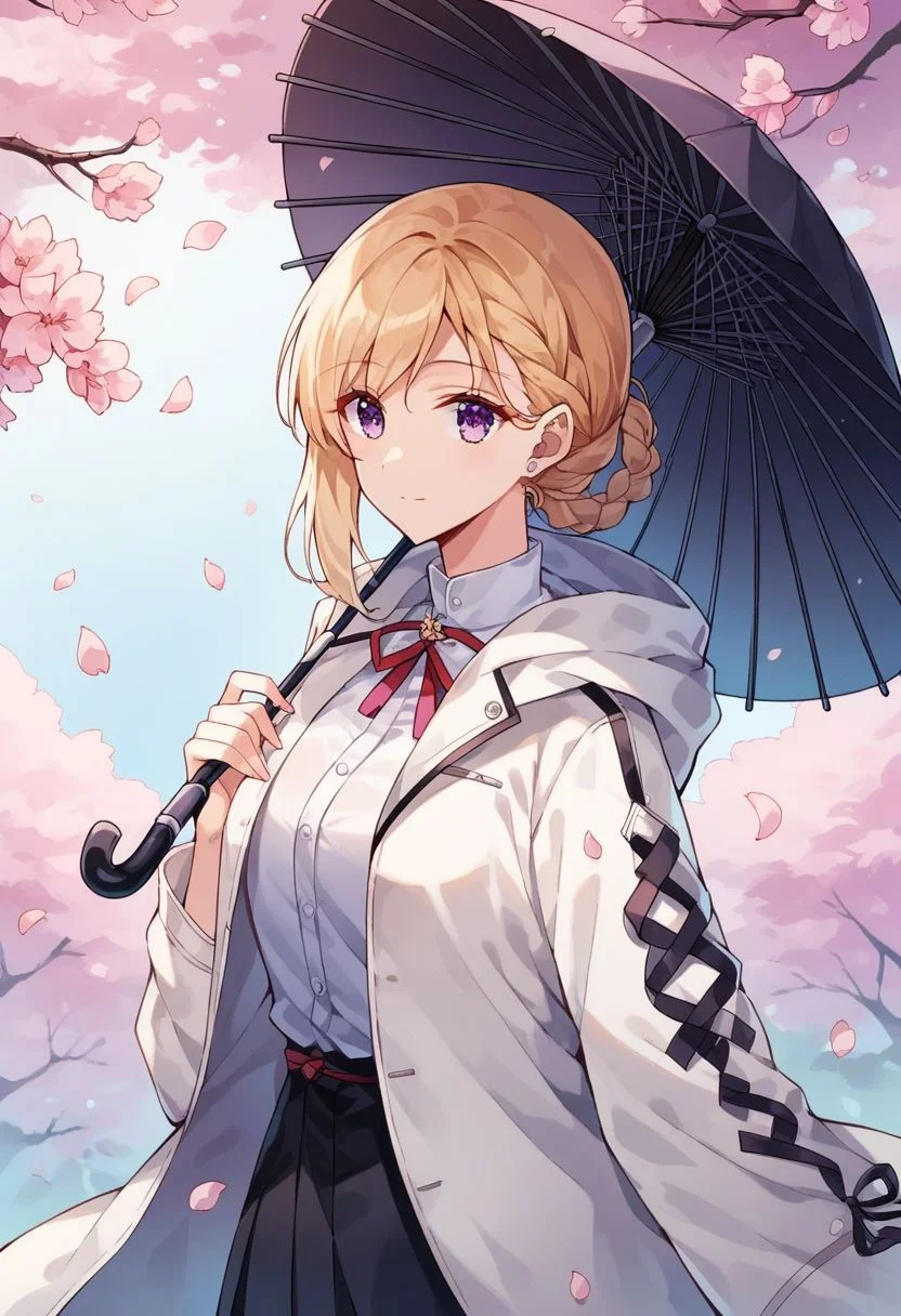 score_9, score_8_up, score_7_up, score_6_up, score_5_up, score_4_up,ayase saki, 1girl, solo, transparent, cherry blossoms, umbrella, holding, outdoors, braid, ribbon, holding umbrella, neck ribbon, transparent umbrella, jacket, petals, blonde hair, purple eyes