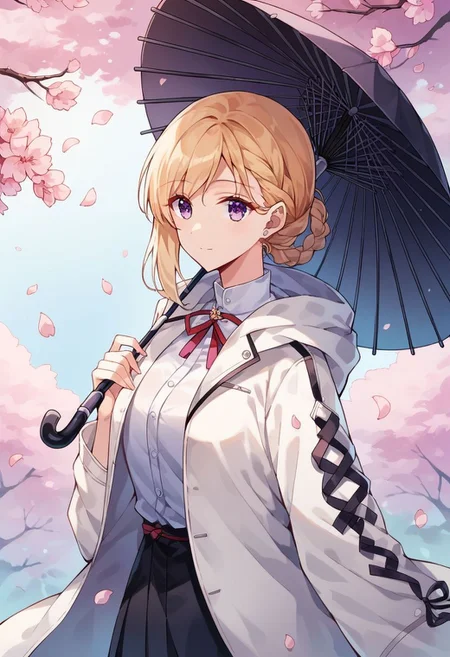 score_9, score_8_up, score_7_up, score_6_up, score_5_up, score_4_up,ayase saki, 1girl, solo, transparent, cherry blossoms, umbrella, holding, outdoors, braid, ribbon, holding umbrella, neck ribbon, transparent umbrella, jacket, petals, blonde hair, purple eyes