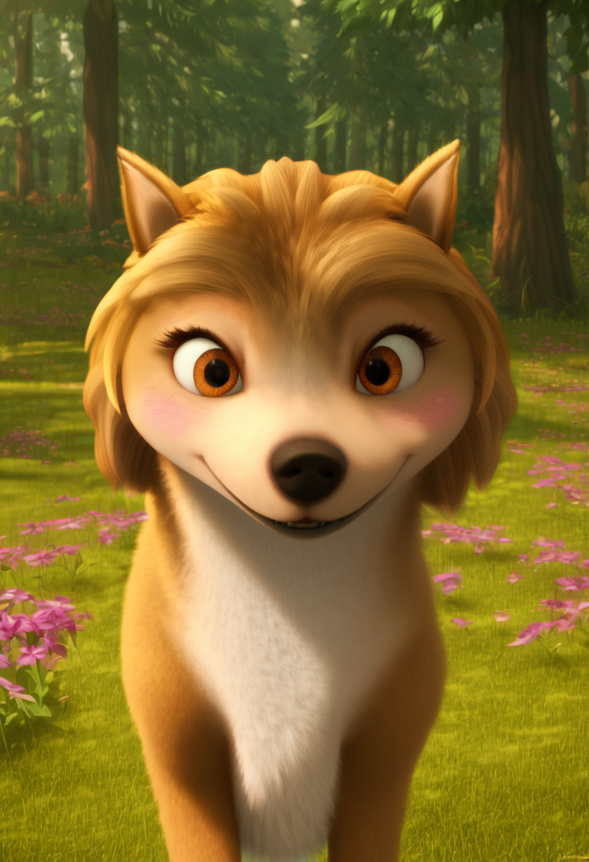 zPDXL, score_9_up, score_8_up,_7_up, score_6_up, score_5_up, score_4_up ,source_furry, best quality, amazing quality, masterpiece, 1girl, looking at viewer, solo, fullbody, cute, blush, cute smile, cute pose, out doors, forest, trees, field, flowers, kate, wolf girl, golden-brown fur, brown eyes, wolf tail, wolf ears, <lora:Kate:1>, Expressiveh, good_hands, <lora:Expressive_H:0.8>, <lora:Detail_Slider_v1.4_iteration_3:4>, <lora:pony_good_hands:0.8>