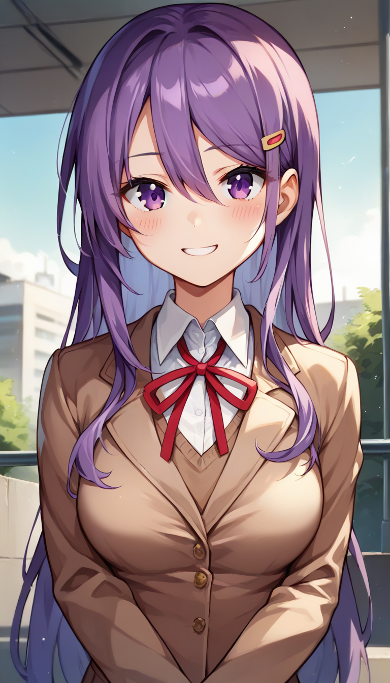 score_9,score_8_up,score_7_up,score_6_up BREAK official art,solo,outdoors,upper body,(portrait:1.5),looking at viewer,facing viewer,smile,blush,Yuri,very long hair,purple hair,hair ornament,hairclip,sidelocks,hair between eyes,parted bangs,purple eyes,school uniform,brown jacket,blazer,wing collar,neck ribbon,red ribbon,brown sweater vest,white shirt,collared shirt,long sleeves,medium breasts,skindentation,miniskirt,blue skirt,pleated skirt,white socks,uwabaki,white footwear,<lora:Yuri(ddlc)-Pony:1.6>,