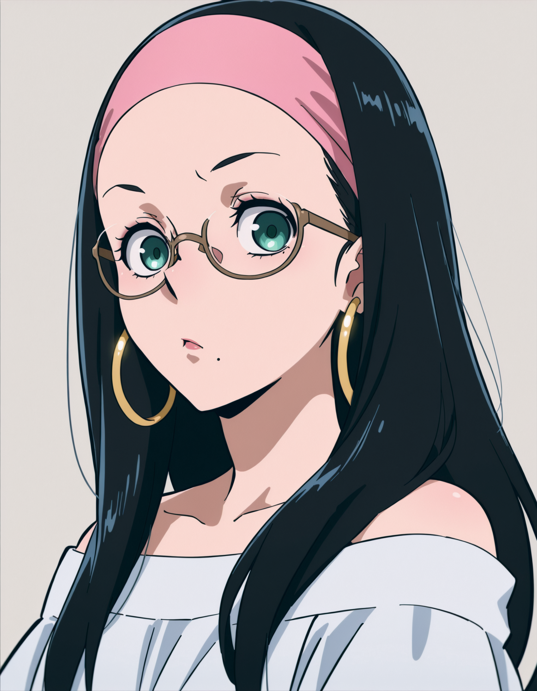 <lora:MakotoTsukauchiIllustrious1.0JLFO:1> makokotsukauchi, black hair, long hair, 1girl, mole, jewelry, solo, green eyes, hoop earrings, white shirt, bare shoulders,headband, glasses,  looking at viewer, simple background,