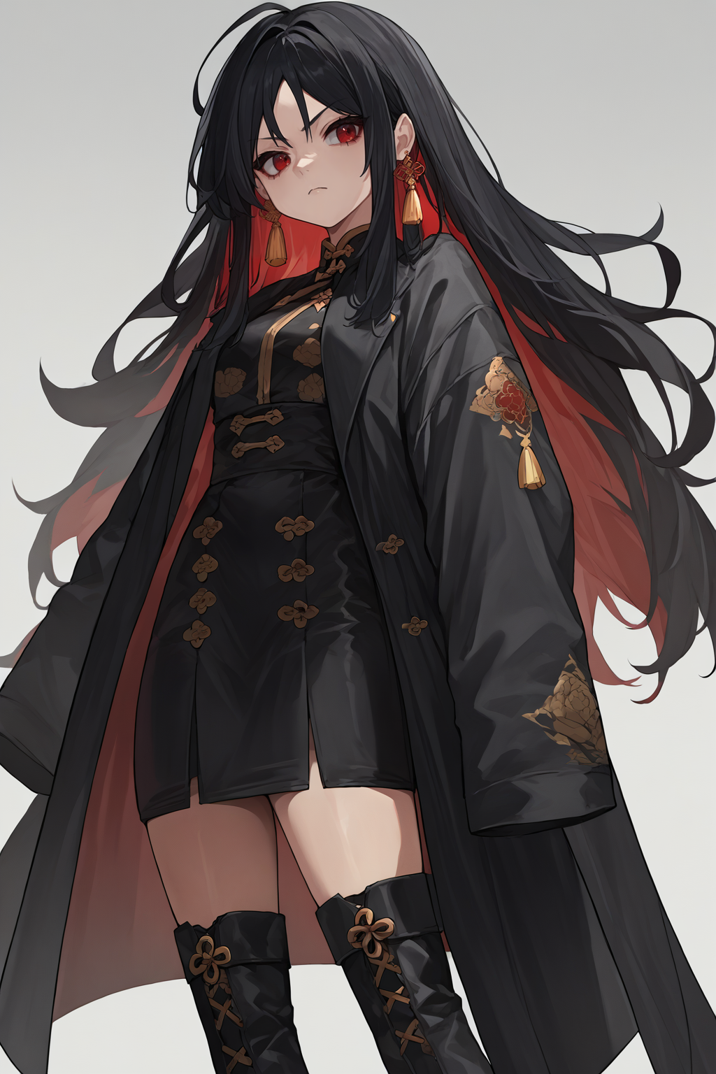 source_anime, score_9, score_8_up, solo, 1girl,  <lora:moran-nikke-richy-v1_pdxl:1> moran, black hair, long hair, colored inner hair, multicolored hair, red hair, red eyes, tassel earings. black thigh boots, long coat, open coat, black coat, black skirt