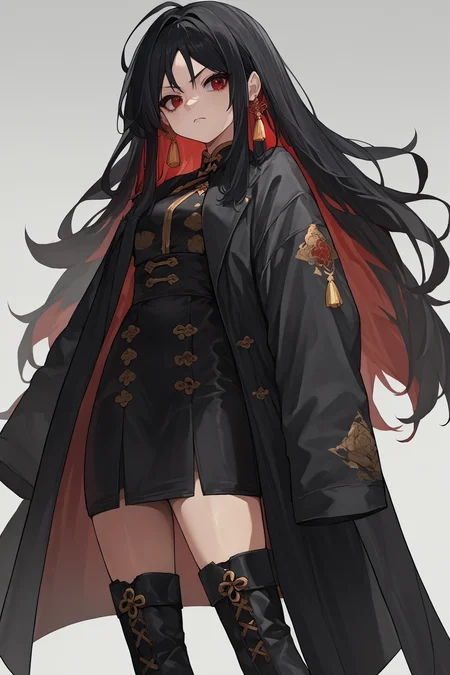 source_anime, score_9, score_8_up, solo, 1girl,  <lora:moran-nikke-richy-v1_pdxl:1> moran, black hair, long hair, colored inner hair, multicolored hair, red hair, red eyes, tassel earings. black thigh boots, long coat, open coat, black coat, black skirt